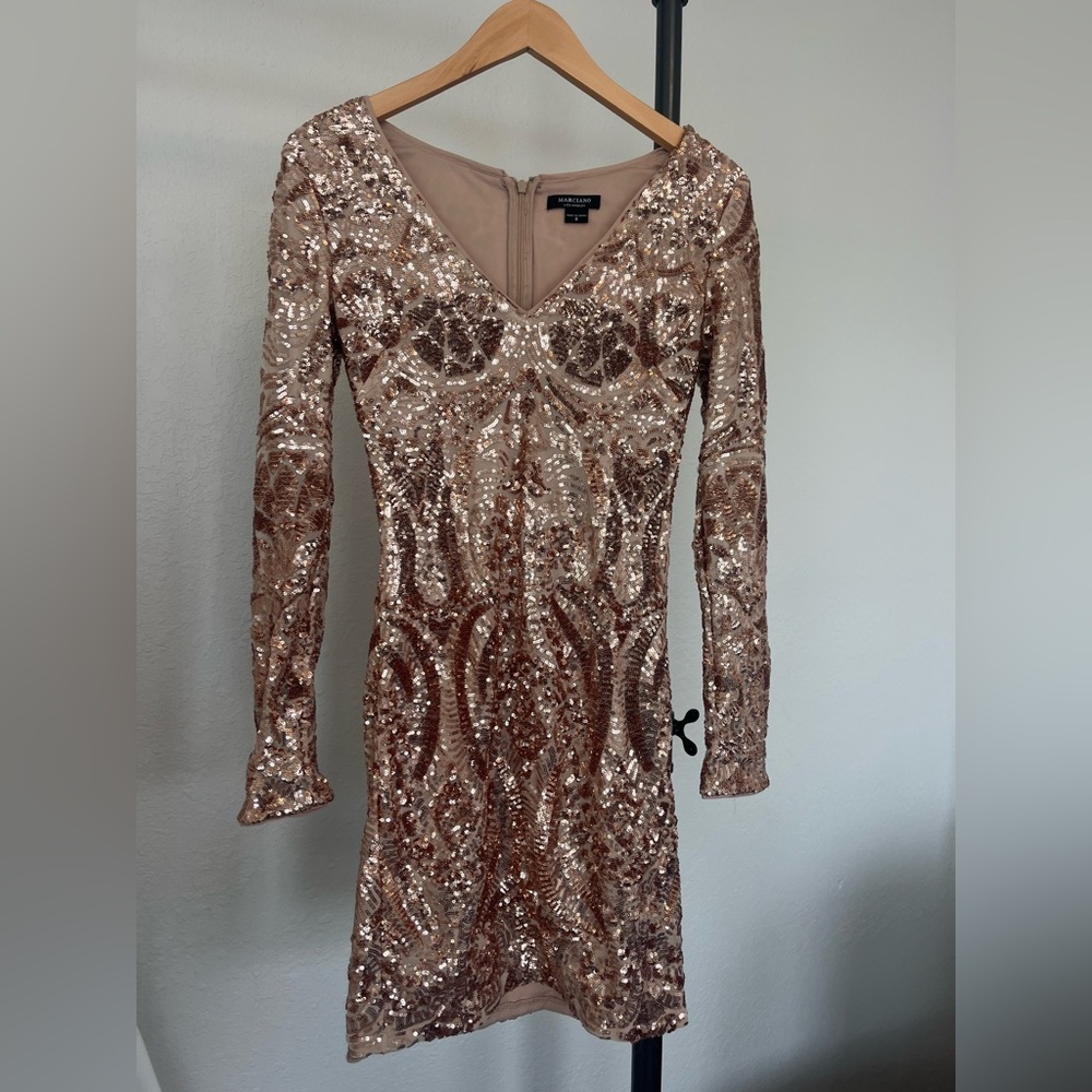 Marciano Gold Sequin Long Sleeve mini cocktail Dress